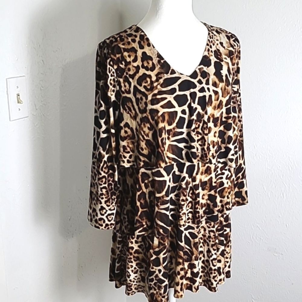 Susan Graver Animal Print Jersey Top with Three Layers Down the Front, Size XS